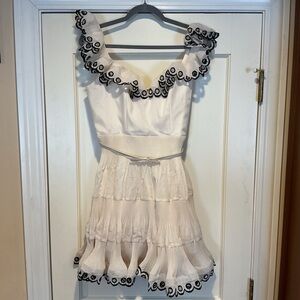 NWOT Zimmermann Cream Belted Mini Dress with Black Trim, Size AU 2 = M
